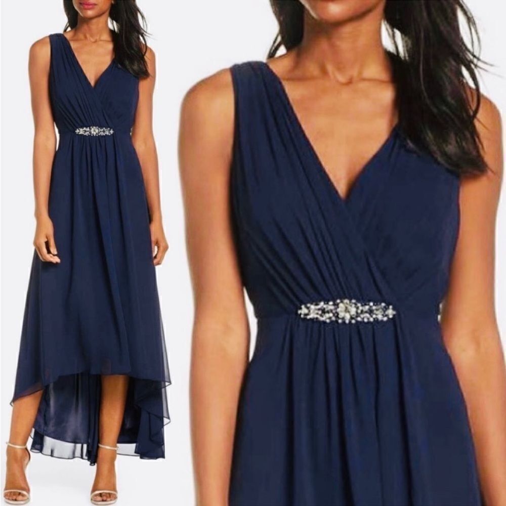 Eliza J NWT Embellished High/Low Chiffon Dress in Navy